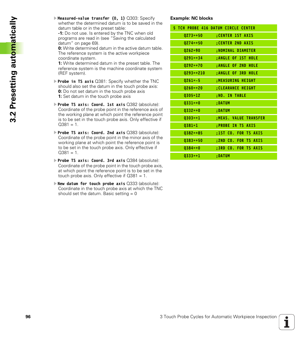 2 pr eset ting aut o matically | HEIDENHAIN iTNC 530 (340 49x-04) Touch Probe Cycles User Manual | Page 96 / 191