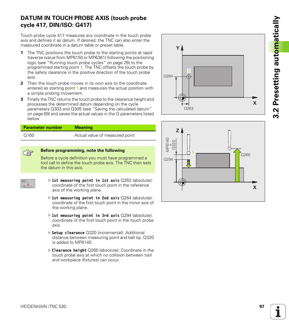 2 pr eset ting aut o matically | HEIDENHAIN iTNC 530 (340 49x-04) Touch Probe Cycles User Manual | Page 97 / 191