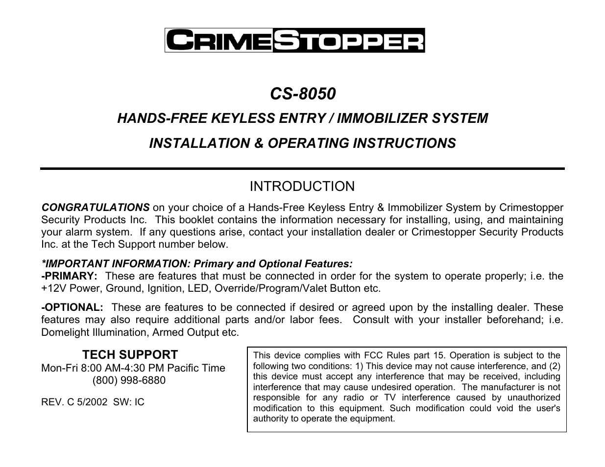 Crimestopper Security Products CS-8050 User Manual | 8 pages