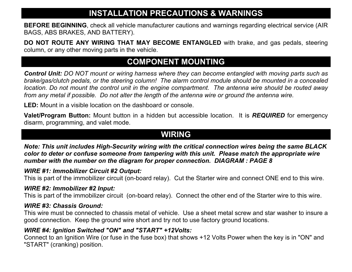 Installation precautions & warnings, Component mounting, Wiring | Crimestopper Security Products CS-8050 User Manual | Page 2 / 8