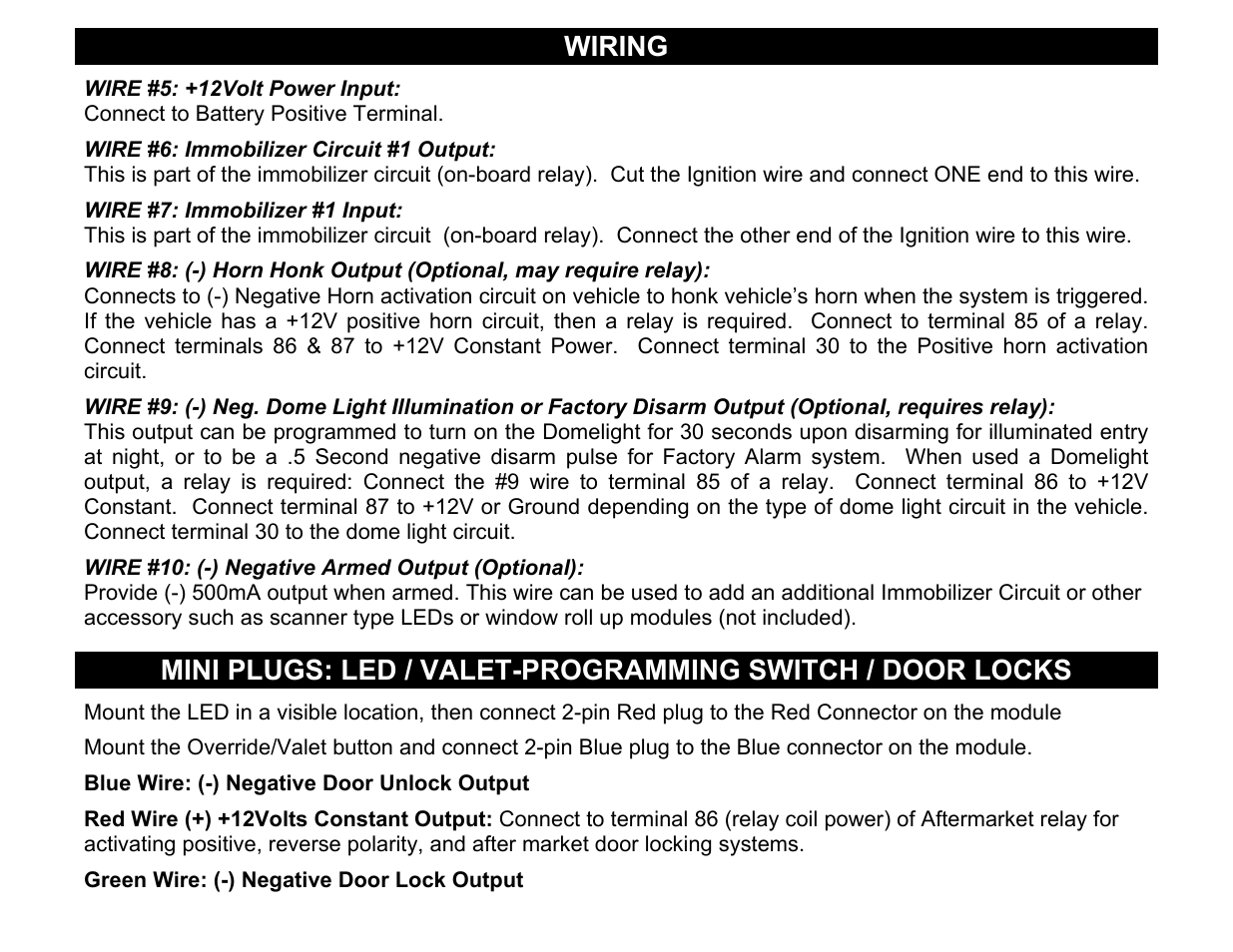 Wiring, Blue wire: (-) negative door unlock output, Green wire: (-) negative door lock output | Crimestopper Security Products CS-8050 User Manual | Page 3 / 8