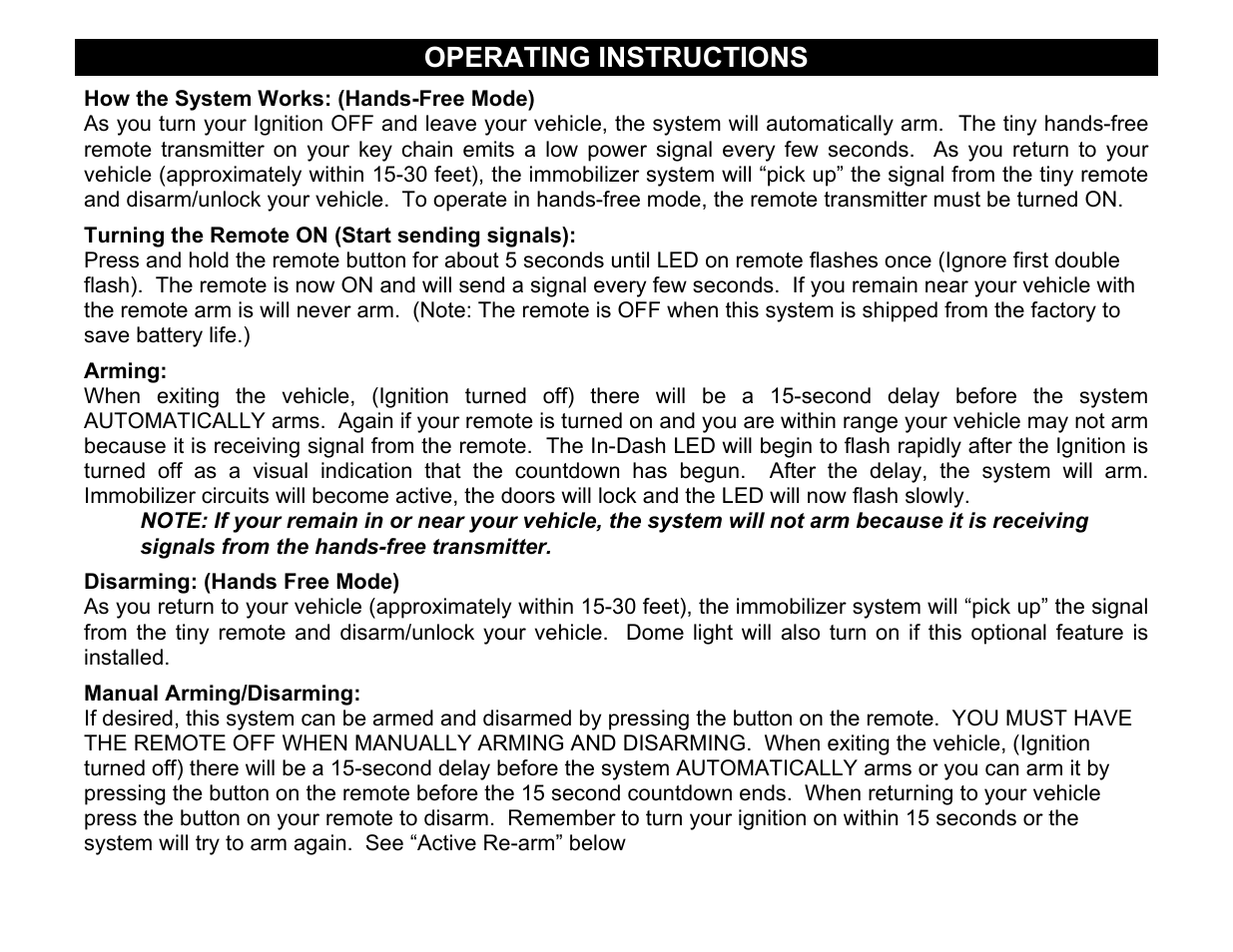 Turning the remote on (start sending signals), Operating instructions | Crimestopper Security Products CS-8050 User Manual | Page 5 / 8