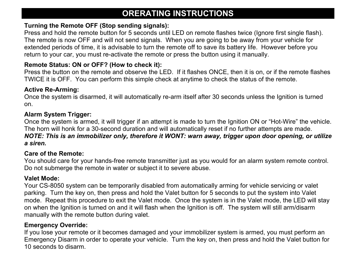 Turning the remote off (stop sending signals), Remote status: on or off? (how to check it), Care of the remote | Valet mode, Emergency override, Orerating instructions | Crimestopper Security Products CS-8050 User Manual | Page 6 / 8