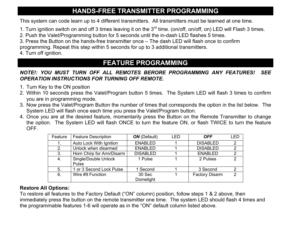 Restore all options, Hands-free transmitter programming, Feature programming | Crimestopper Security Products CS-8050 User Manual | Page 7 / 8