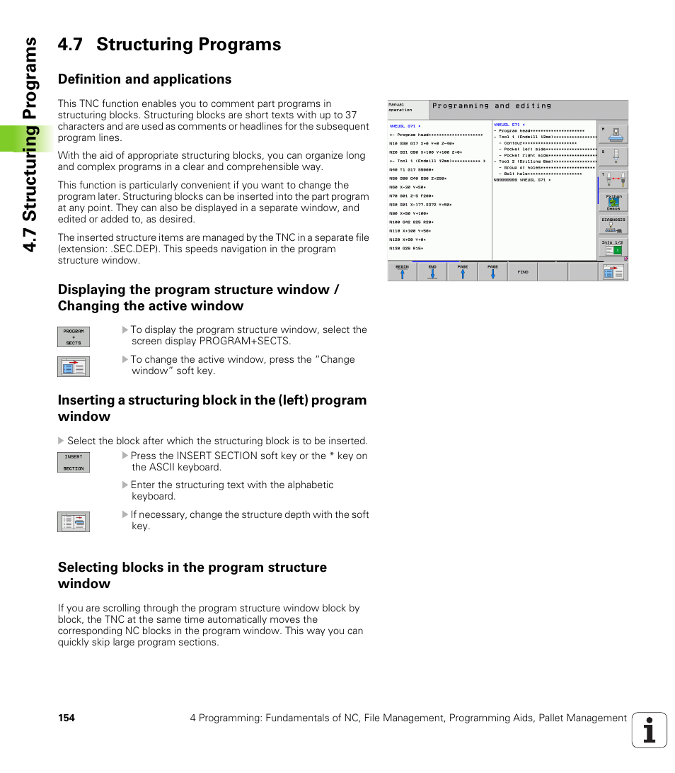 7 structuring programs, Definition and applications, Selecting blocks in the program structure window | HEIDENHAIN iTNC 530 (340 49x-04) ISO programming User Manual | Page 154 / 703