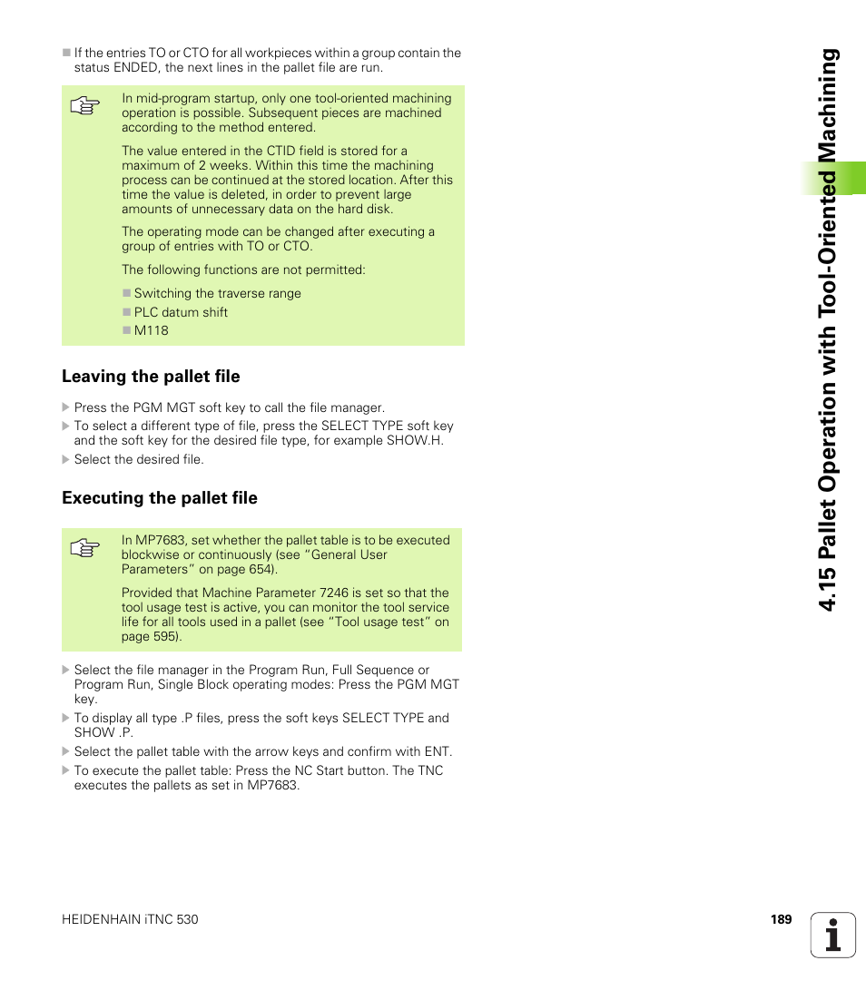 Leaving the pallet file, Executing the pallet file | HEIDENHAIN iTNC 530 (340 49x-04) ISO programming User Manual | Page 189 / 703