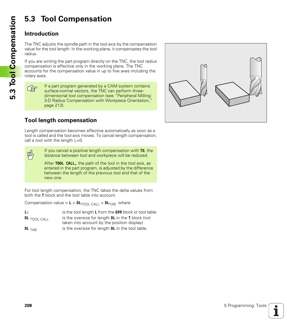 3 tool compensation, Introduction, Tool length compensation | 3 t ool compensation 5.3 tool compensation | HEIDENHAIN iTNC 530 (340 49x-04) ISO programming User Manual | Page 208 / 703