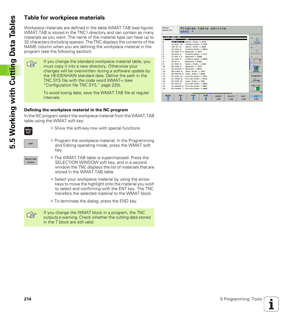 Table for workpiece materials, 5 w o rk ing with cut ting d a ta t a bles | HEIDENHAIN iTNC 530 (340 49x-04) ISO programming User Manual | Page 214 / 703