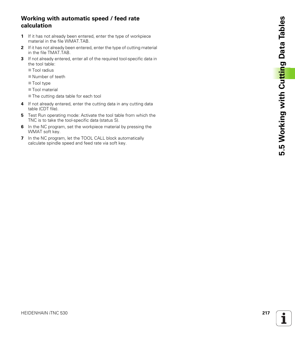 5 w o rk ing with cut ting d a ta t a bles | HEIDENHAIN iTNC 530 (340 49x-04) ISO programming User Manual | Page 217 / 703