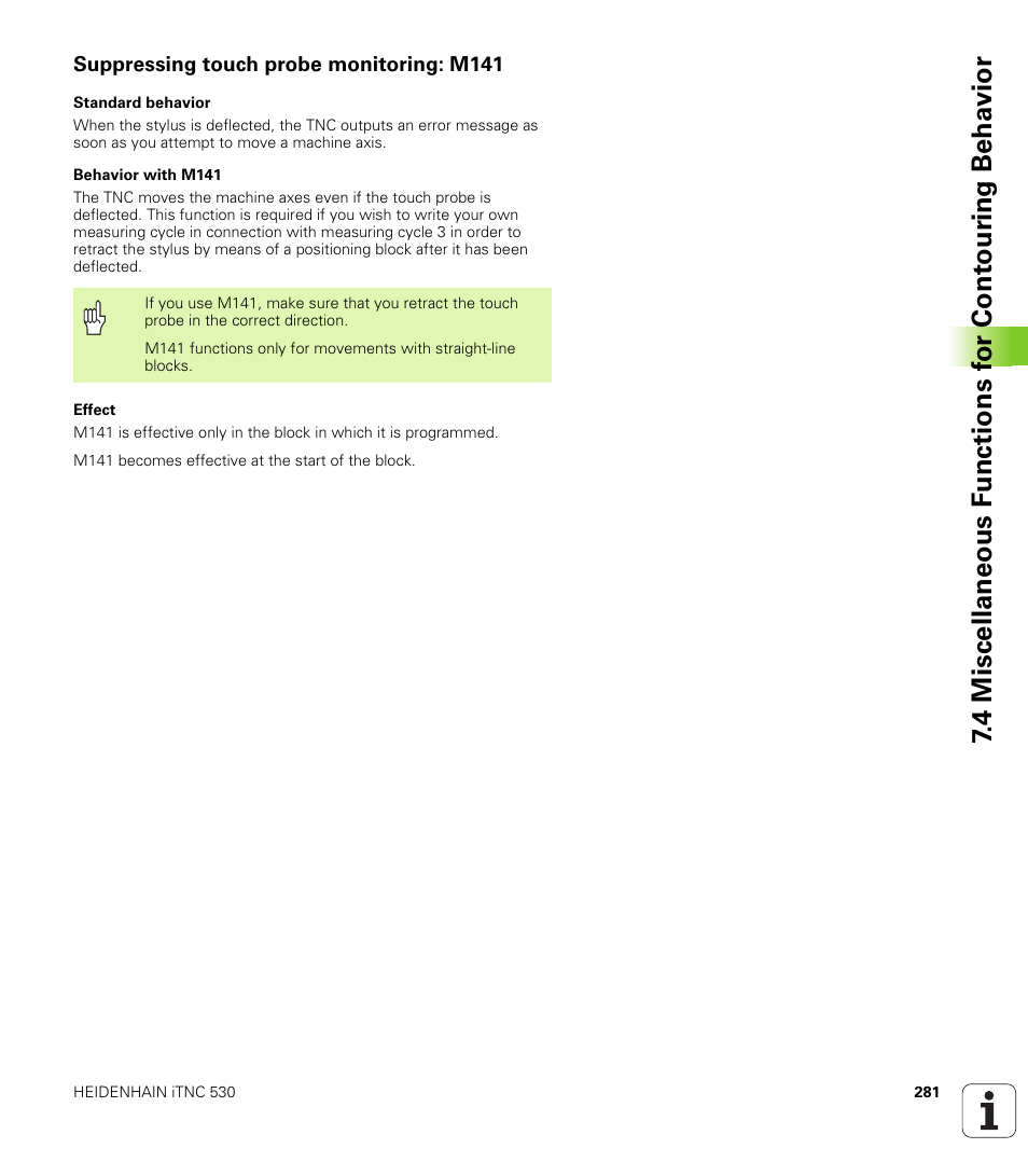 Suppressing touch probe monitoring: m141 | HEIDENHAIN iTNC 530 (340 49x-04) ISO programming User Manual | Page 281 / 703