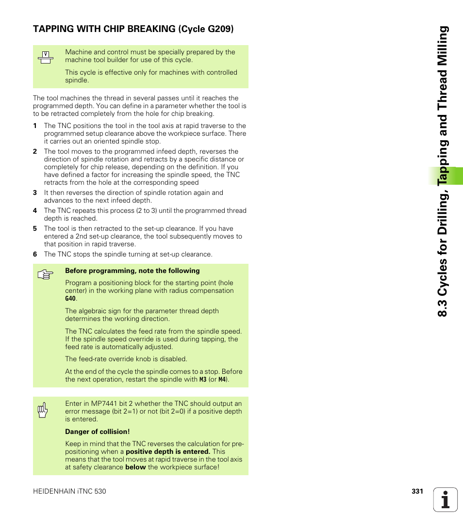 Tapping with chip breaking (cycle g209) | HEIDENHAIN iTNC 530 (340 49x-04) ISO programming User Manual | Page 331 / 703