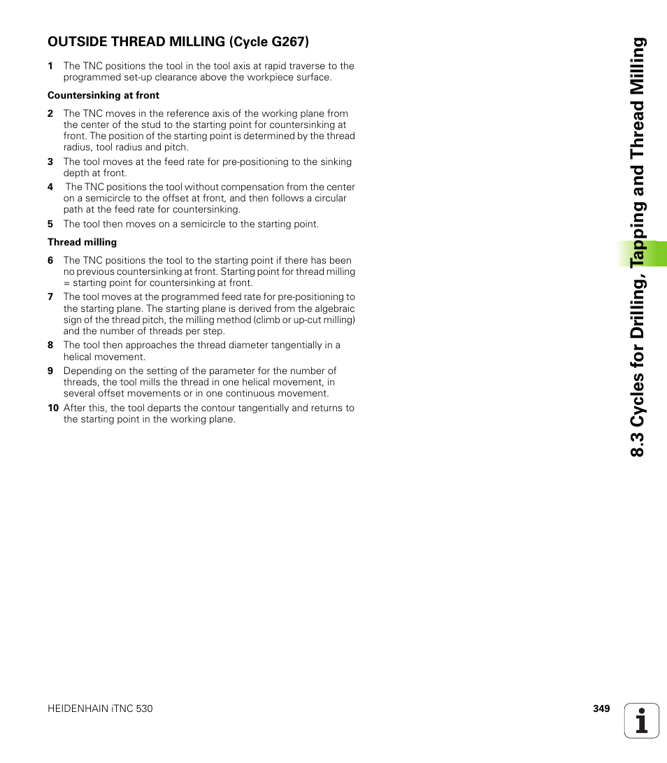 Outside thread milling (cycle g267) | HEIDENHAIN iTNC 530 (340 49x-04) ISO programming User Manual | Page 349 / 703