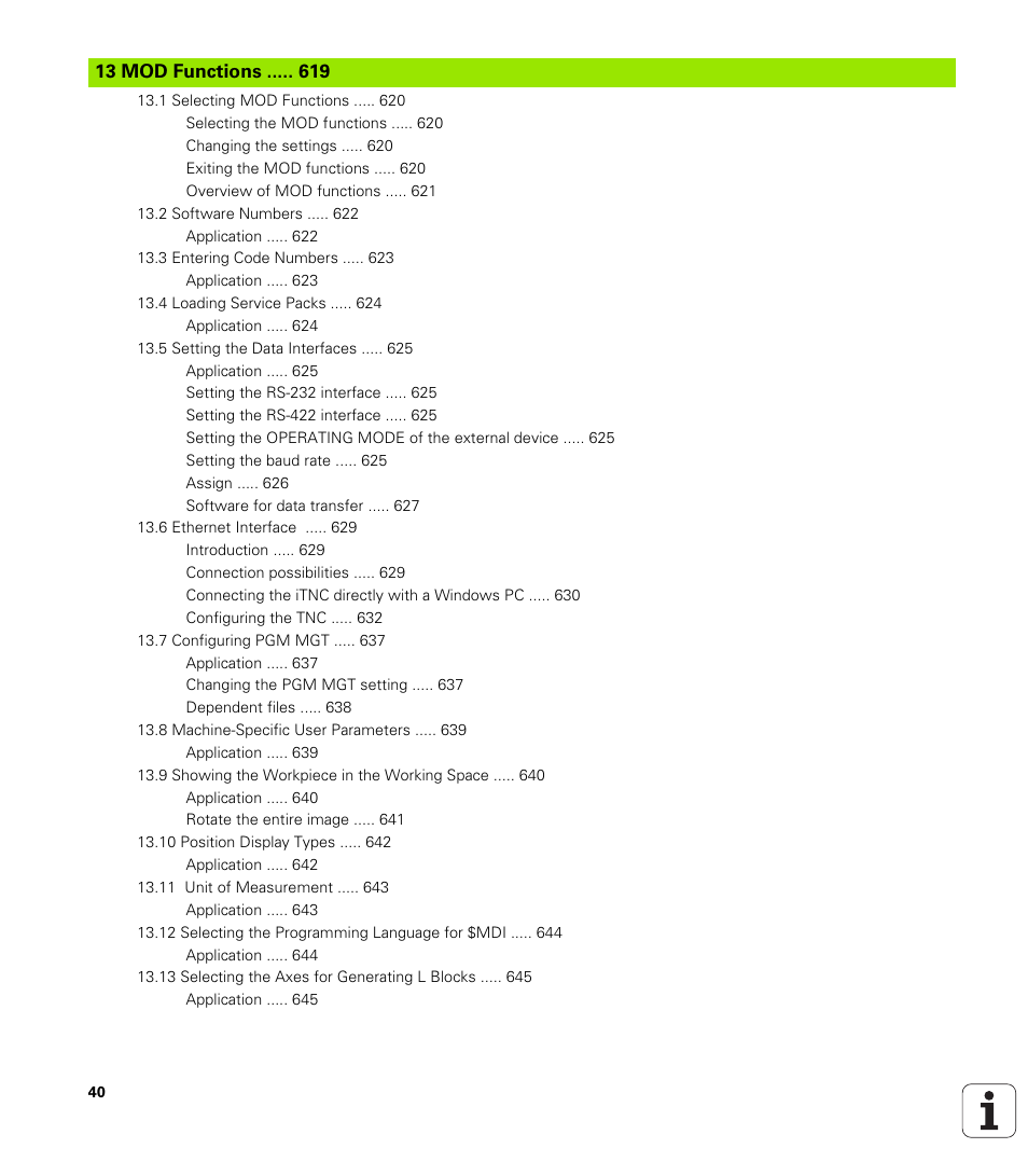 13 mod functions, Mod functions | HEIDENHAIN iTNC 530 (340 49x-04) ISO programming User Manual | Page 40 / 703