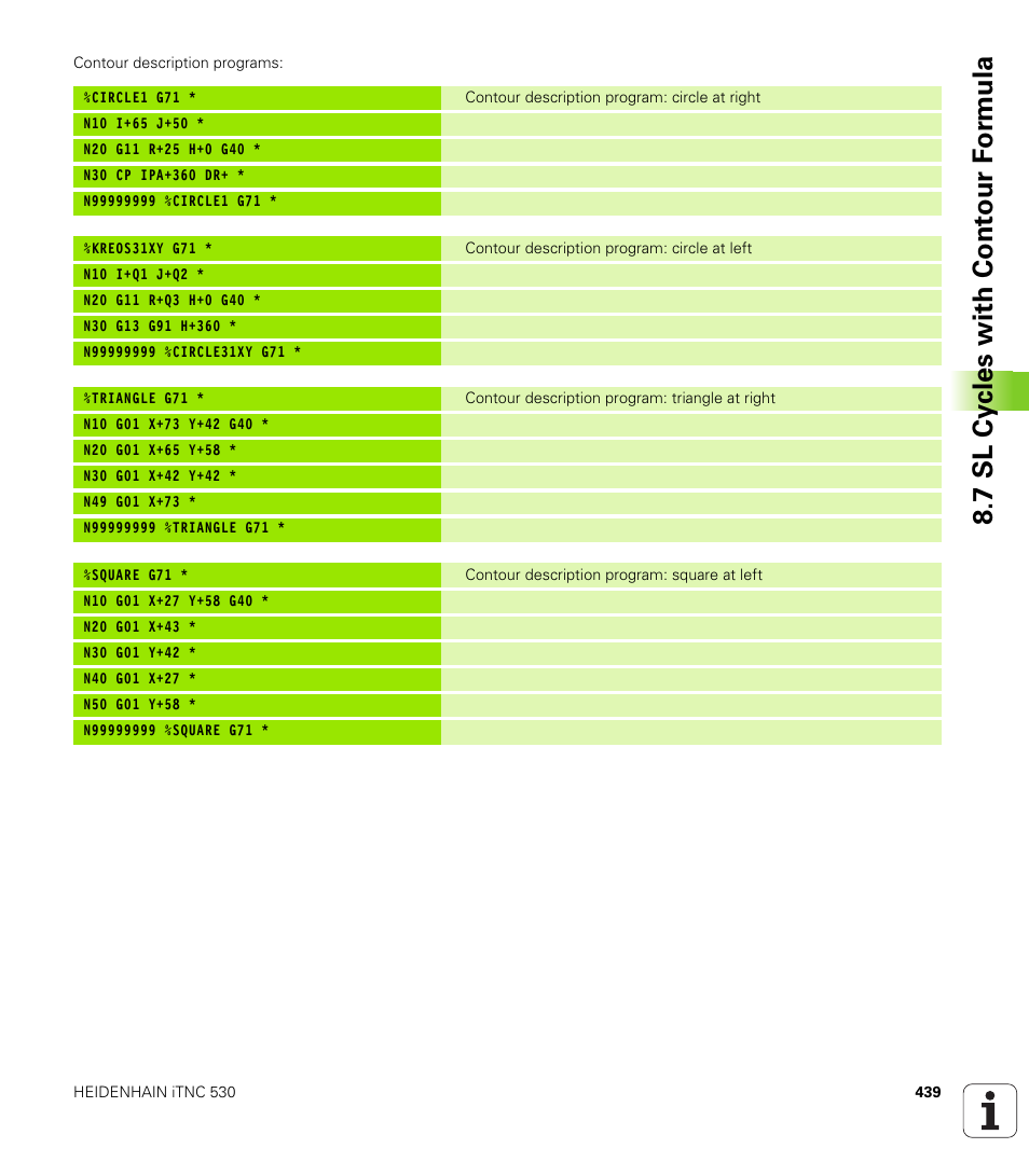 7 sl cy cles with cont our f o rm ula | HEIDENHAIN iTNC 530 (340 49x-04) ISO programming User Manual | Page 439 / 703