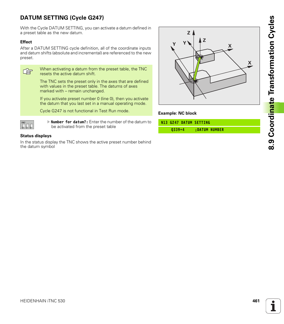 Datum setting (cycle g247), 9 coor dinat e t ransf or mation cy cles | HEIDENHAIN iTNC 530 (340 49x-04) ISO programming User Manual | Page 461 / 703
