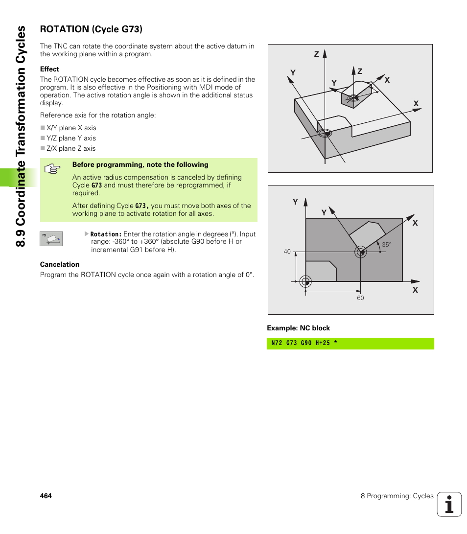 Rotation (cycle g73), 9 coor dinat e t ransf or mation cy cles | HEIDENHAIN iTNC 530 (340 49x-04) ISO programming User Manual | Page 464 / 703