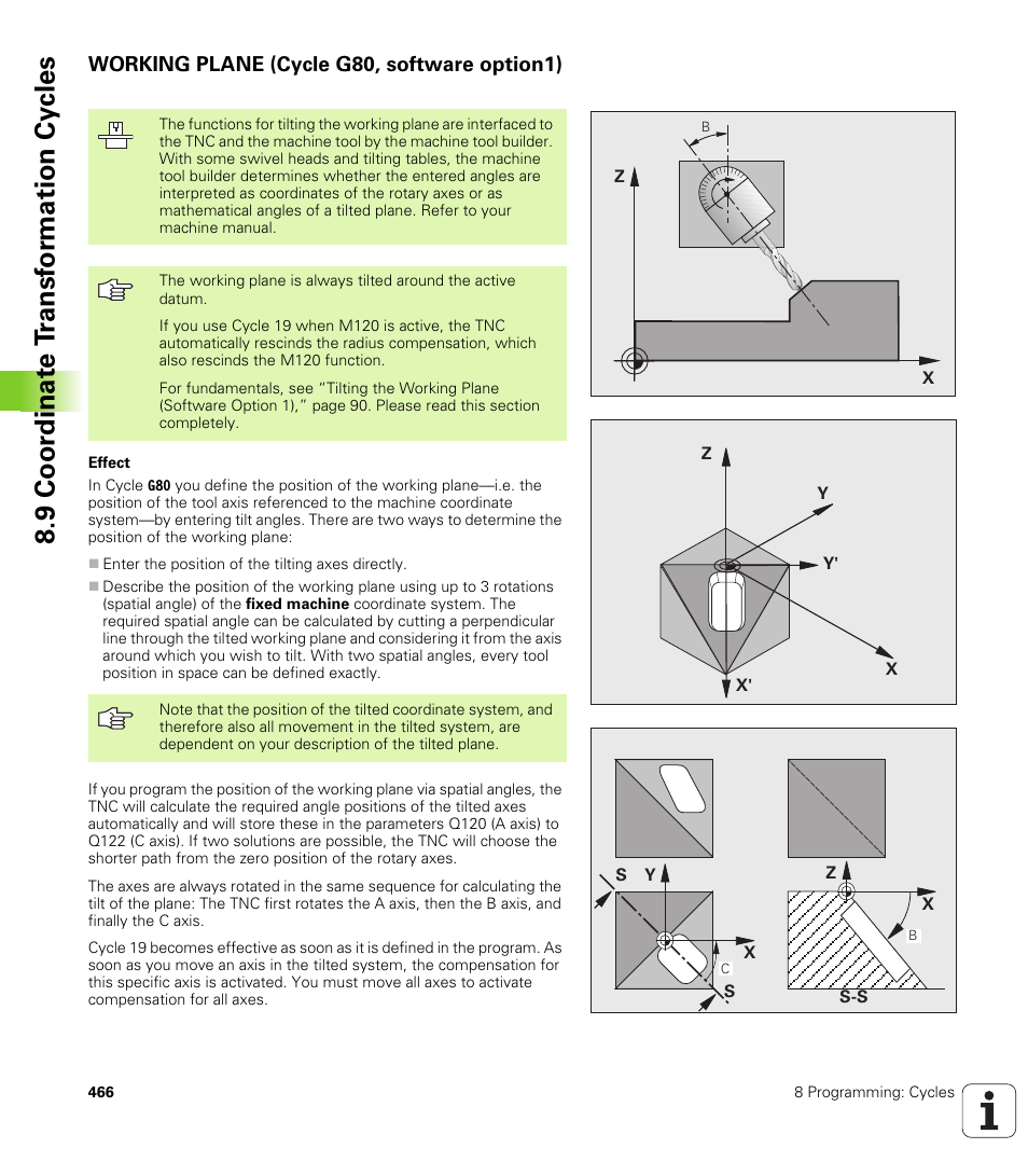 Working plane (cycle g80, software option1), 9 coor dinat e t ransf or mation cy cles | HEIDENHAIN iTNC 530 (340 49x-04) ISO programming User Manual | Page 466 / 703