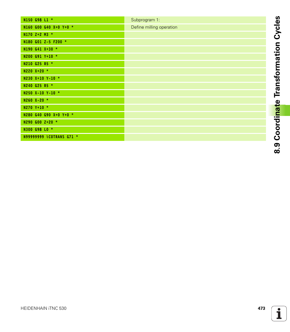 9 coor dinat e t ransf or mation cy cles | HEIDENHAIN iTNC 530 (340 49x-04) ISO programming User Manual | Page 473 / 703