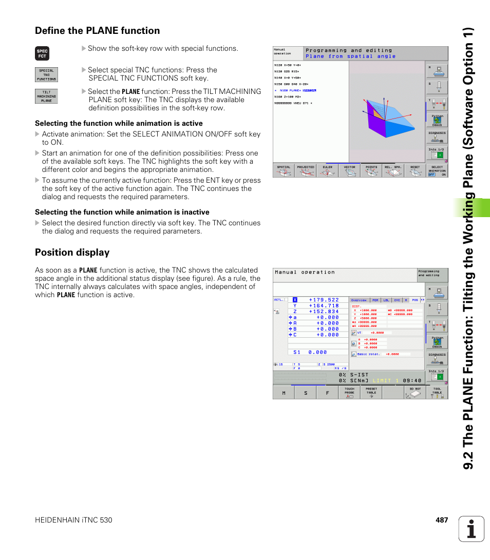 Define the plane function, Position display | HEIDENHAIN iTNC 530 (340 49x-04) ISO programming User Manual | Page 487 / 703