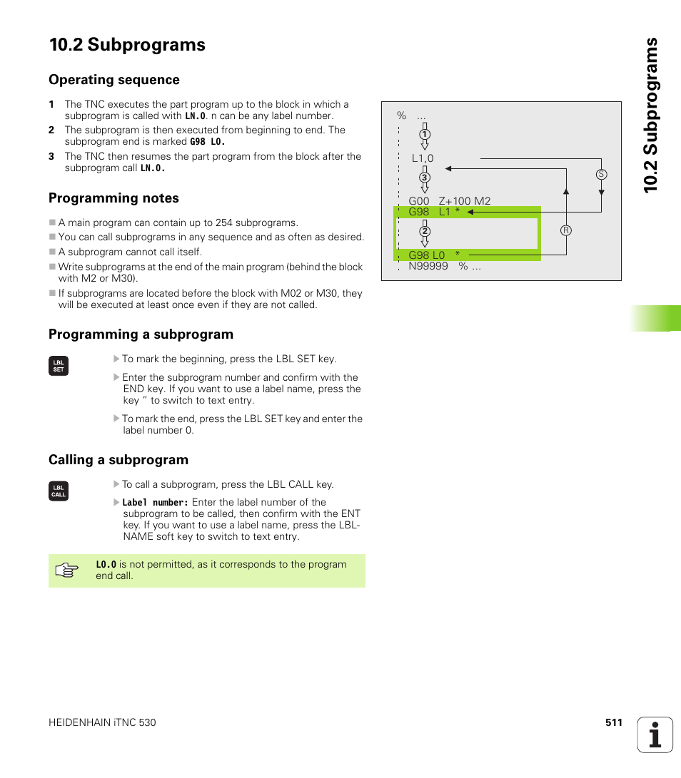 2 subprograms, Operating sequence, Programming notes | Programming a subprogram, Calling a subprogram | HEIDENHAIN iTNC 530 (340 49x-04) ISO programming User Manual | Page 511 / 703