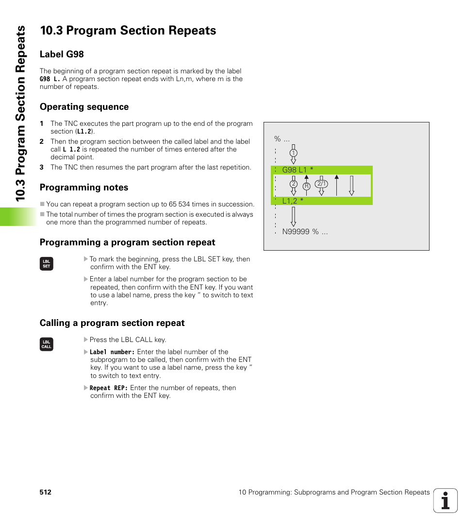 3 program section repeats, Label g98, Operating sequence | Programming notes, Programming a program section repeat, Calling a program section repeat | HEIDENHAIN iTNC 530 (340 49x-04) ISO programming User Manual | Page 512 / 703