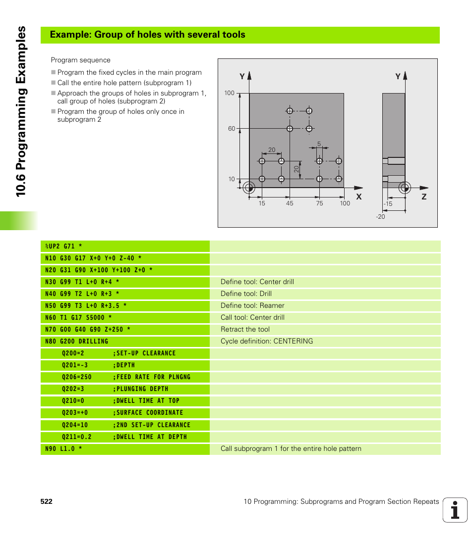 10 .6 pr ogr amming examples, Example: group of holes with several tools | HEIDENHAIN iTNC 530 (340 49x-04) ISO programming User Manual | Page 522 / 703