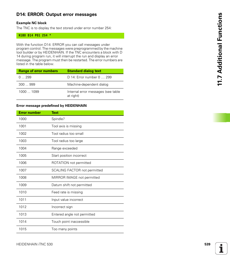 D14: error: output error messages, 7 a d ditional f unctions | HEIDENHAIN iTNC 530 (340 49x-04) ISO programming User Manual | Page 539 / 703