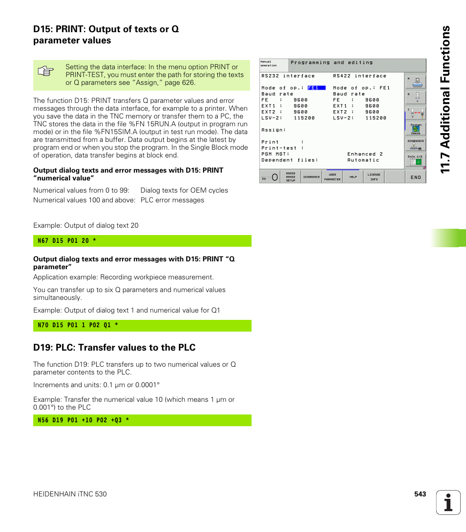D15: print: output of texts or q parameter values, D19: plc: transfer values to the plc, 7 a d ditional f unctions | HEIDENHAIN iTNC 530 (340 49x-04) ISO programming User Manual | Page 543 / 703