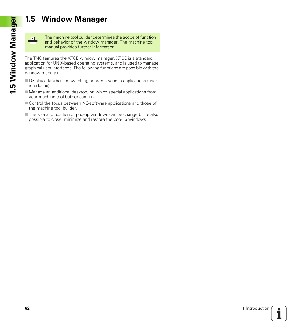 5 window manager, 5 windo w manag e r 1.5 window manager | HEIDENHAIN iTNC 530 (340 49x-04) ISO programming User Manual | Page 62 / 703