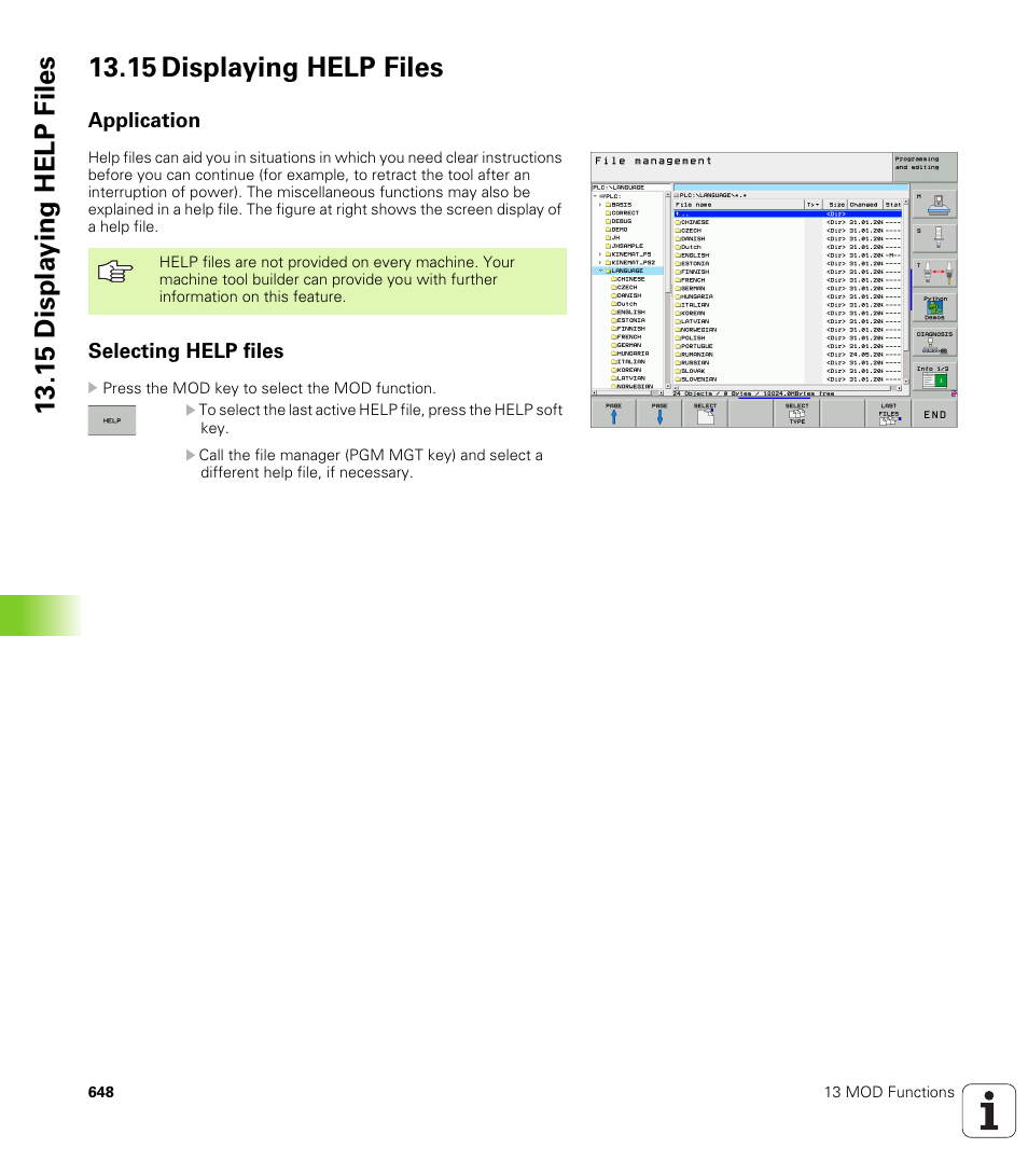 15 displaying help files, Application, Selecting help files | HEIDENHAIN iTNC 530 (340 49x-04) ISO programming User Manual | Page 648 / 703