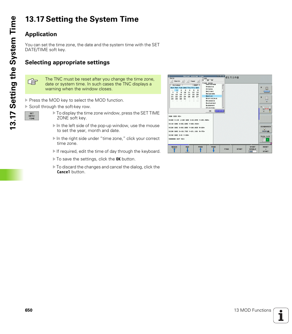 17 setting the system time, Application, Selecting appropriate settings | HEIDENHAIN iTNC 530 (340 49x-04) ISO programming User Manual | Page 650 / 703