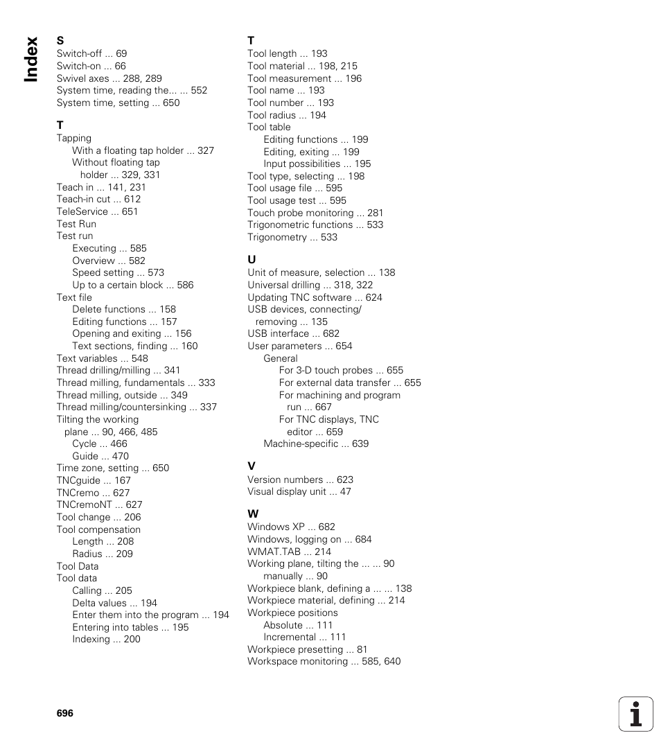 Index | HEIDENHAIN iTNC 530 (340 49x-04) ISO programming User Manual | Page 696 / 703