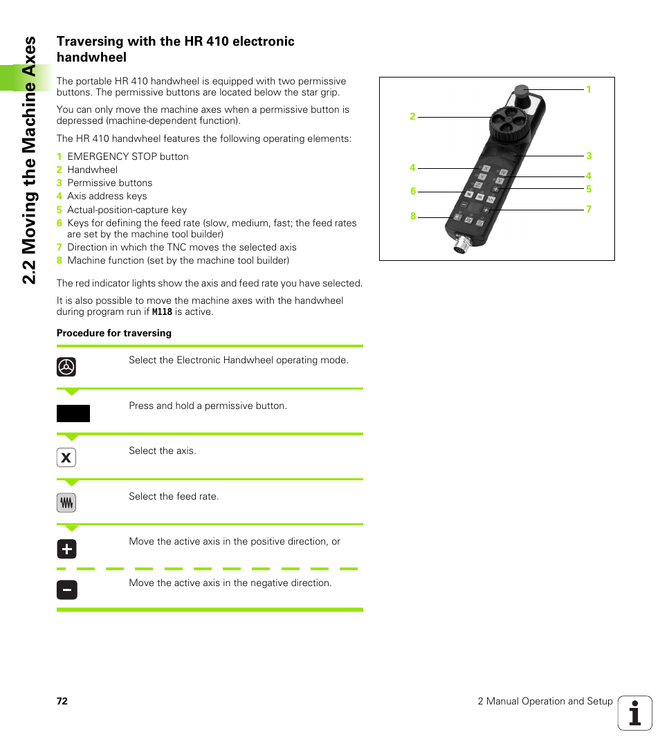 Traversing with the hr 410 electronic handwheel, 2 mo ving the mac h ine ax es | HEIDENHAIN iTNC 530 (340 49x-04) ISO programming User Manual | Page 72 / 703