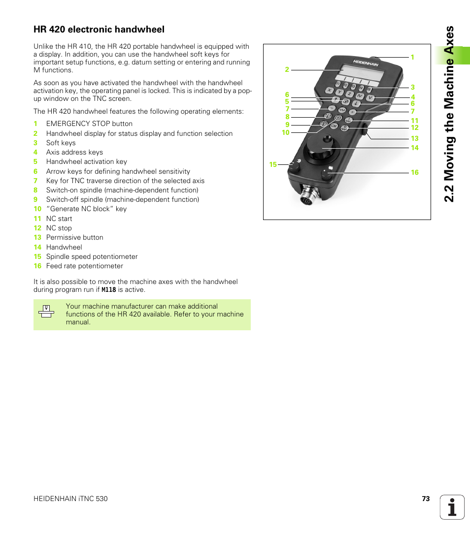 Hr 420 electronic handwheel, 2 mo ving the mac h ine ax es | HEIDENHAIN iTNC 530 (340 49x-04) ISO programming User Manual | Page 73 / 703