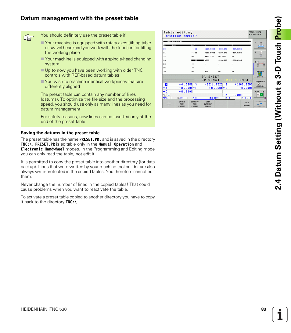 Datum management with the preset table, 4 d a tu m set ting (without a 3-d t ouc h pr obe) | HEIDENHAIN iTNC 530 (340 49x-04) ISO programming User Manual | Page 83 / 703