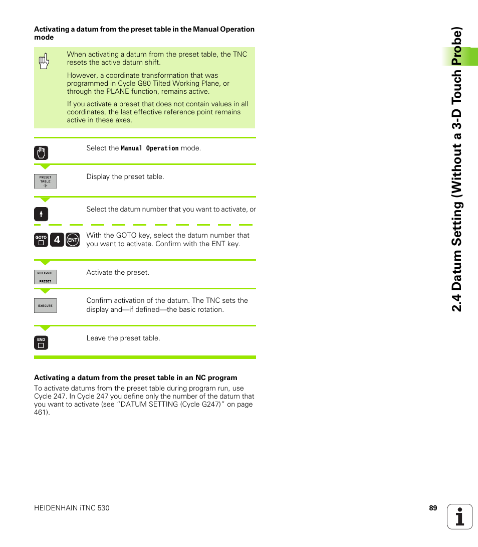 4 d a tu m set ting (without a 3-d t ouc h pr obe) | HEIDENHAIN iTNC 530 (340 49x-04) ISO programming User Manual | Page 89 / 703