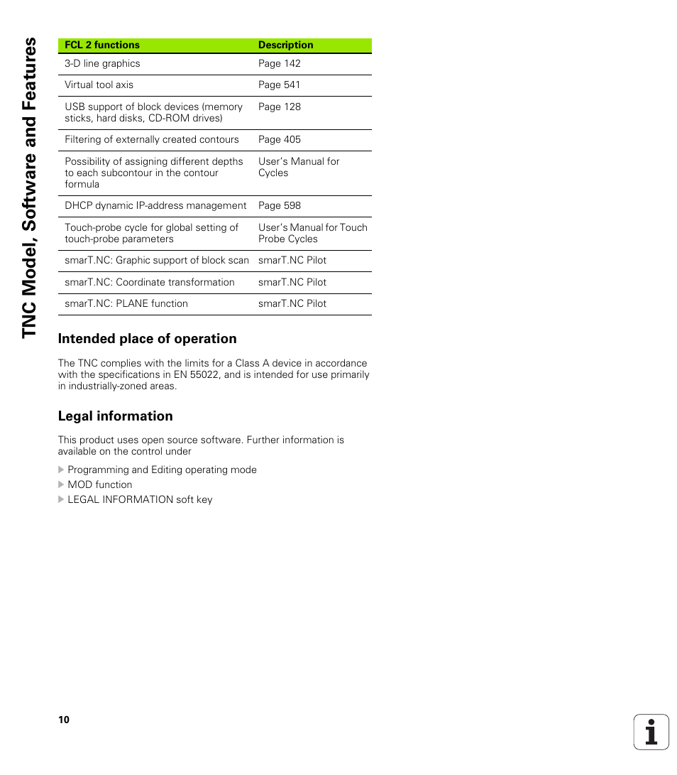 Intended place of operation, Legal information, Tnc model, sof tw a re and f eat ur es | HEIDENHAIN iTNC 530 (340 49x-05) User Manual | Page 10 / 669