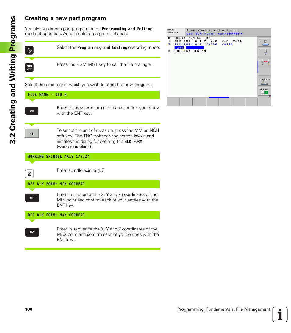 Creating a new part program, 2 cr eating and w riting pr ogr a ms | HEIDENHAIN iTNC 530 (340 49x-05) User Manual | Page 100 / 669