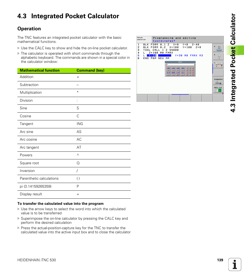 3 integrated pocket calculator, Operation | HEIDENHAIN iTNC 530 (340 49x-05) User Manual | Page 139 / 669