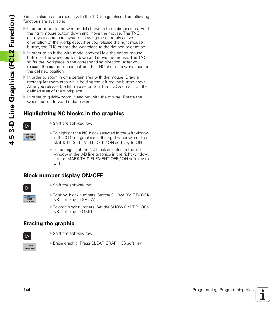 Highlighting nc blocks in the graphics, Block number display on/off, Erasing the graphic | 5 3-d line gr aphics (fcl2 f u nction) | HEIDENHAIN iTNC 530 (340 49x-05) User Manual | Page 144 / 669