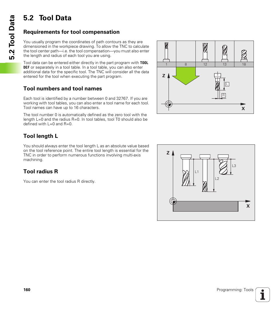 2 tool data, Requirements for tool compensation, Tool numbers and tool names | Tool length l, Tool radius r, 2 t ool d a ta 5.2 tool data | HEIDENHAIN iTNC 530 (340 49x-05) User Manual | Page 160 / 669