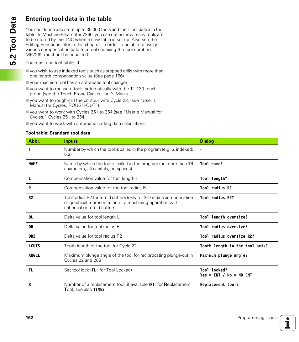 Entering tool data in the table, 2 t ool d a ta | HEIDENHAIN iTNC 530 (340 49x-05) User Manual | Page 162 / 669