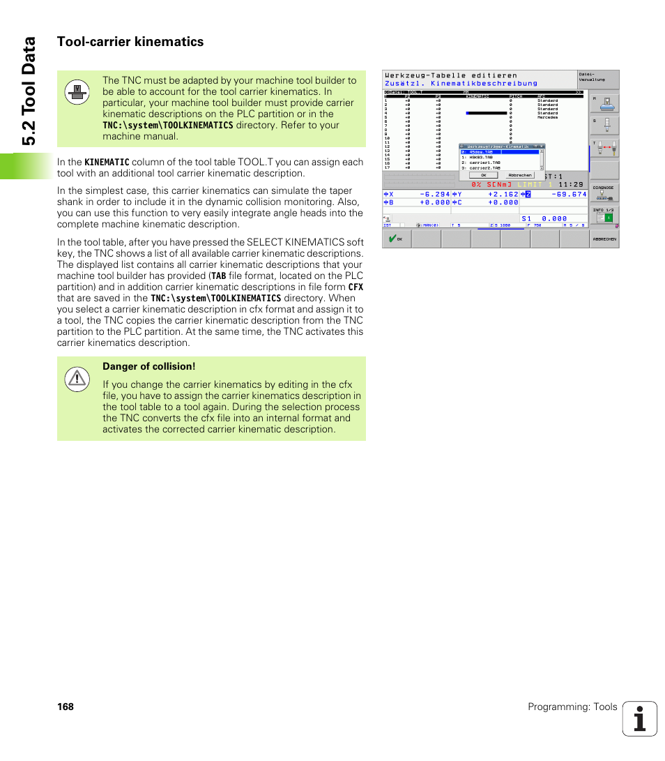 Tool-carrier kinematics, 2 t ool d a ta | HEIDENHAIN iTNC 530 (340 49x-05) User Manual | Page 168 / 669