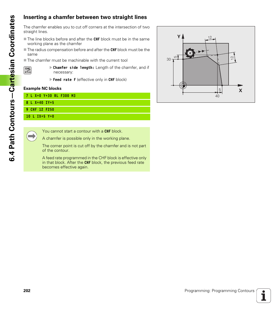 Inserting a chamfer between two straight lines, 4 p a th cont ours—car te sian coor dinat e s | HEIDENHAIN iTNC 530 (340 49x-05) User Manual | Page 202 / 669