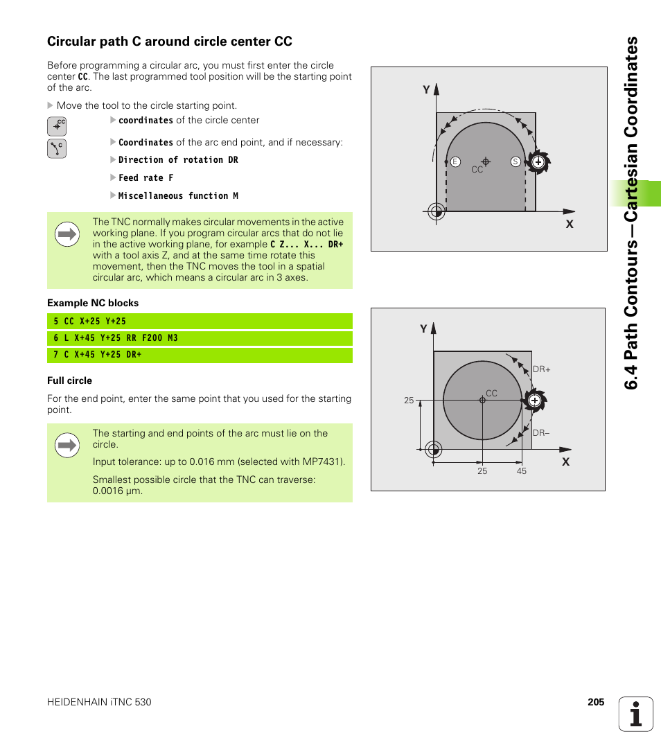 Circular path c around circle center cc, 4 p a th cont ours—car te sian coor dinat e s | HEIDENHAIN iTNC 530 (340 49x-05) User Manual | Page 205 / 669