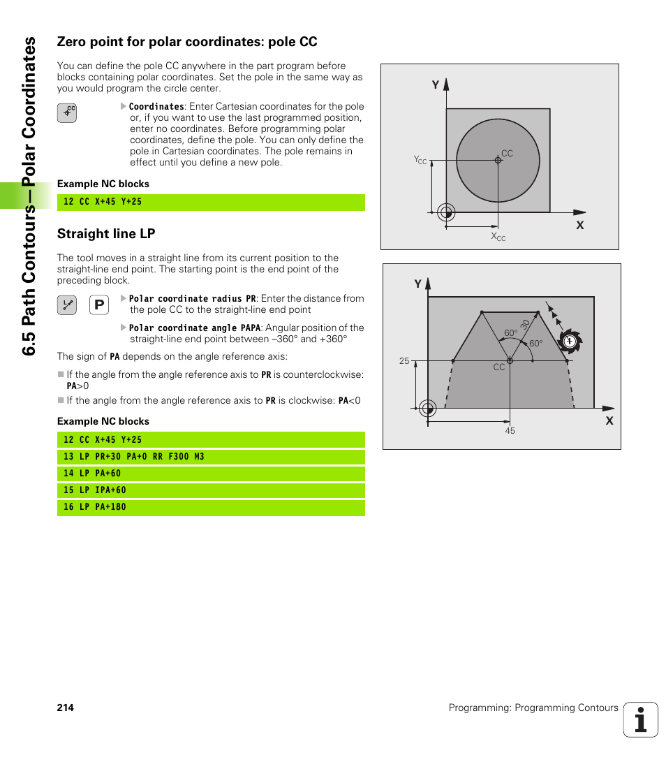 Zero point for polar coordinates: pole cc, Straight line lp, 5 p a th cont ours—p o lar coor dinat e s | HEIDENHAIN iTNC 530 (340 49x-05) User Manual | Page 214 / 669