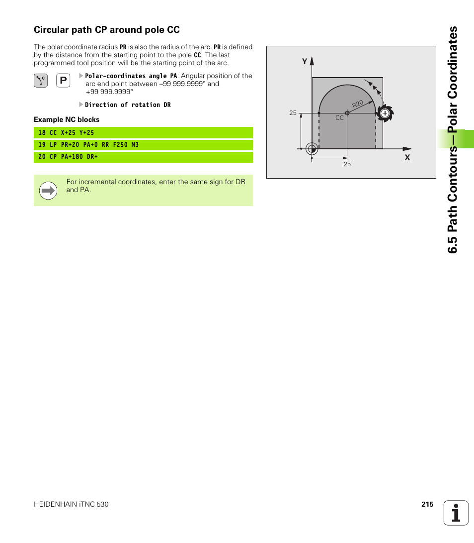 Circular path cp around pole cc, 5 p a th cont ours—p o lar coor dinat e s | HEIDENHAIN iTNC 530 (340 49x-05) User Manual | Page 215 / 669