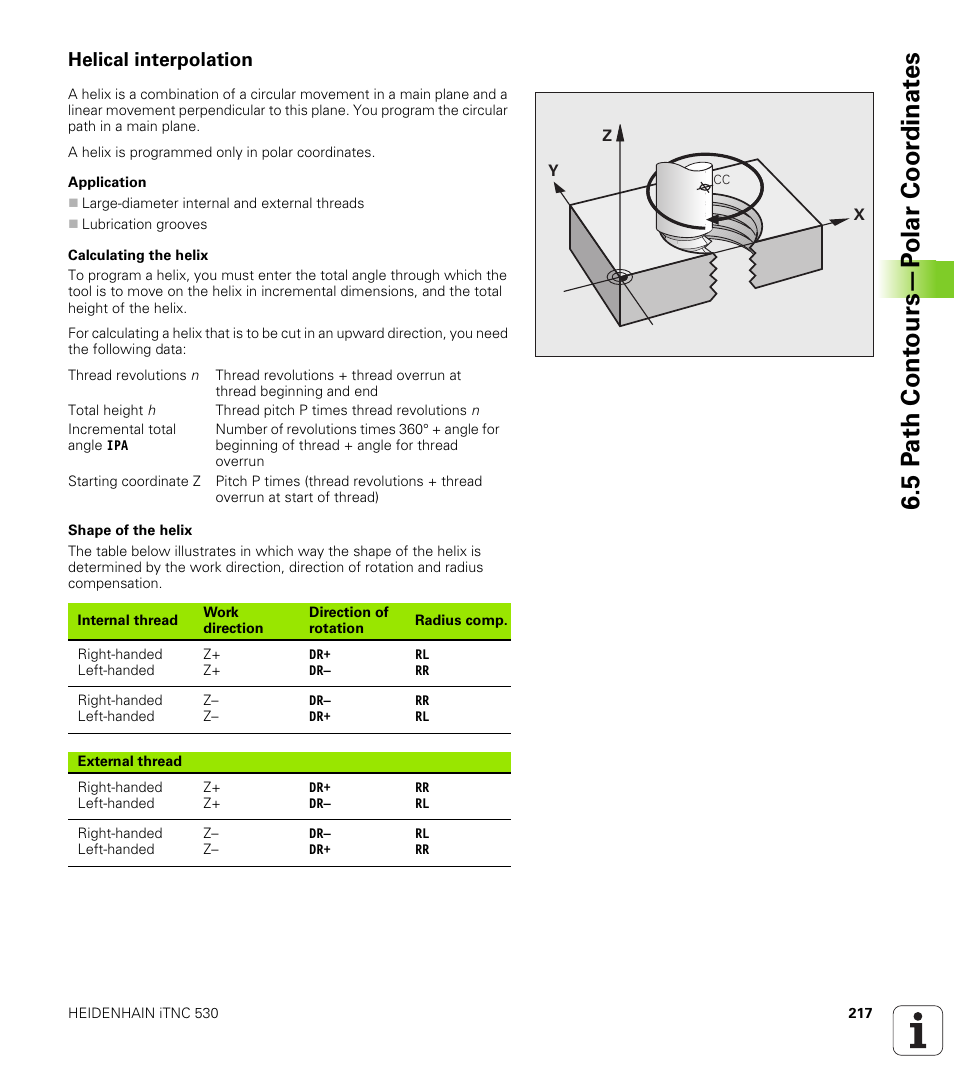 Helical interpolation, 5 p a th cont ours—p o lar coor dinat e s | HEIDENHAIN iTNC 530 (340 49x-05) User Manual | Page 217 / 669