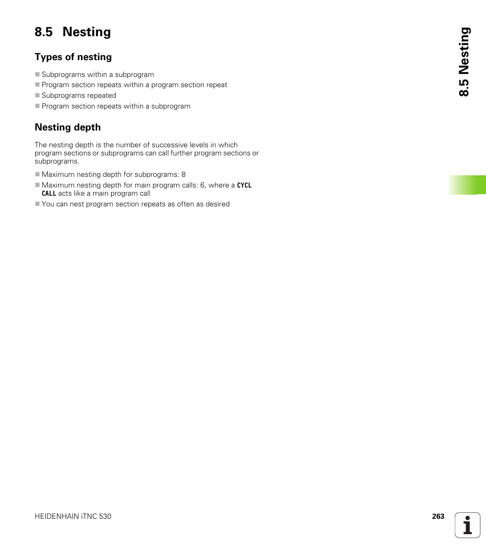 5 nesting, Types of nesting, Nesting depth | HEIDENHAIN iTNC 530 (340 49x-05) User Manual | Page 263 / 669