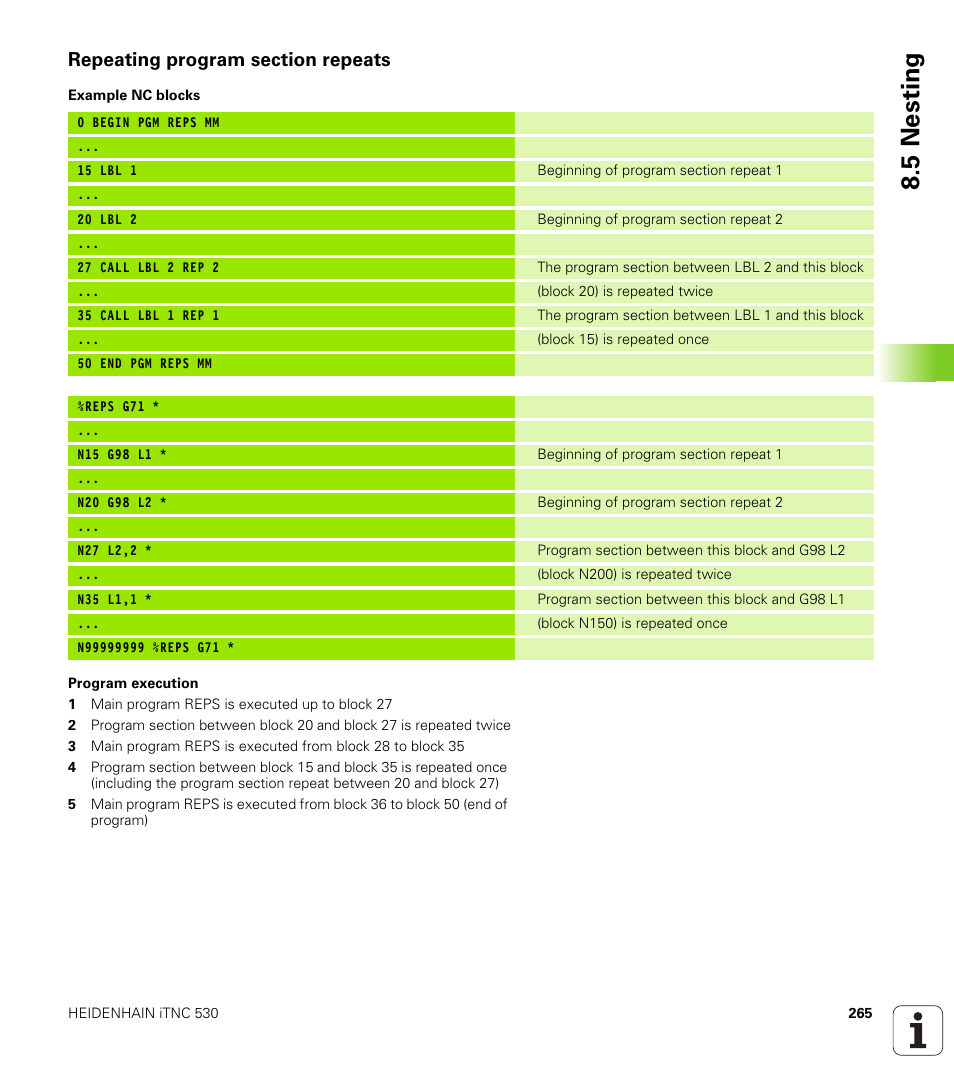 Repeating program section repeats, 5 nesting | HEIDENHAIN iTNC 530 (340 49x-05) User Manual | Page 265 / 669